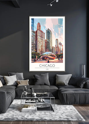 Chicago Skyline Travel Poster with Cloud Gate Landmark