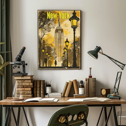 New York Yellow Lights Empire Autumn Vintage Travel Poster