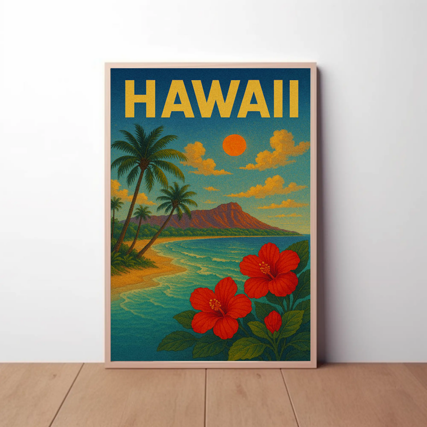 Hawaii Sunset Coastline Hibiscus Beach Travel Poster