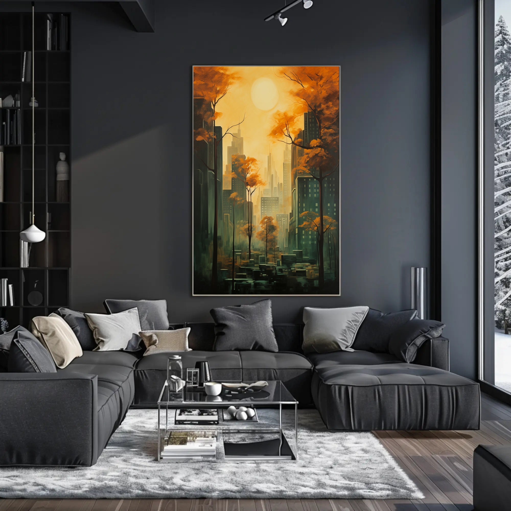 Urban Autumn Cityscape with Skyscrapers and Nature Poster