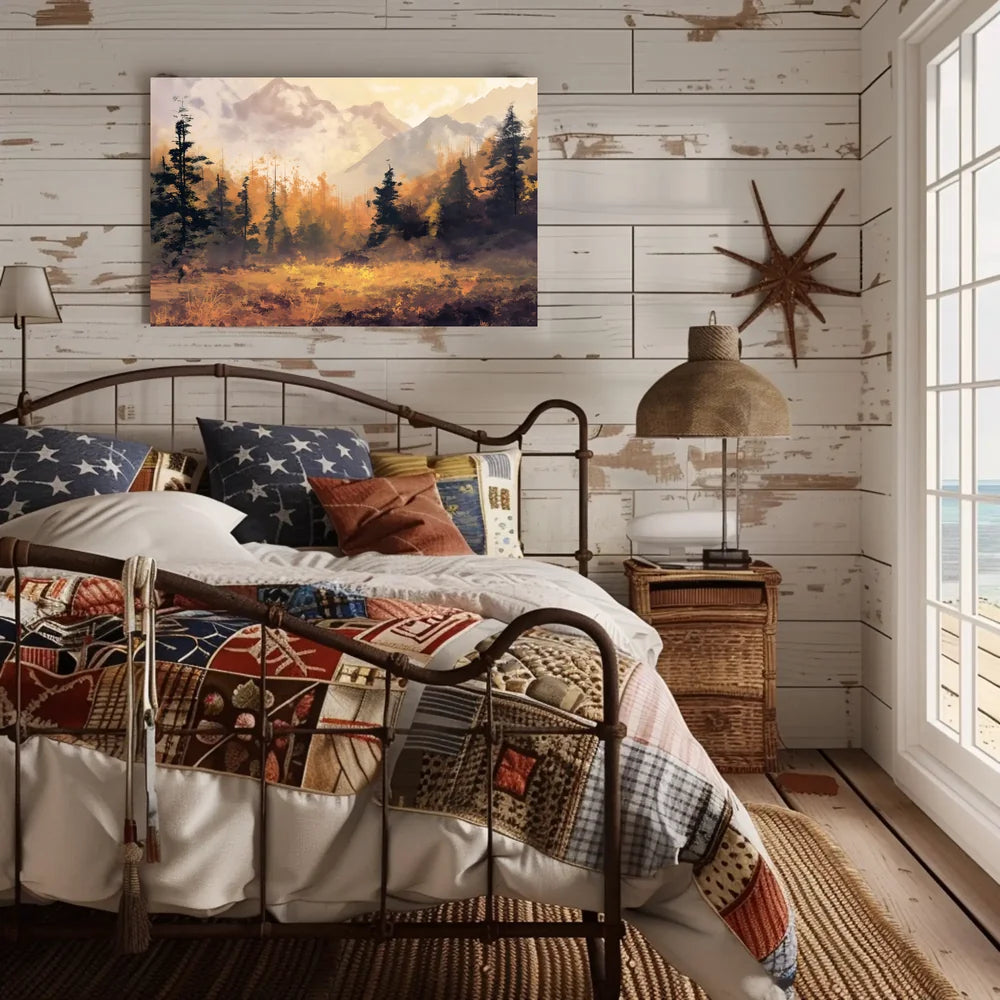 Autumn Tranquility: Impressionistic Forest and Mountains Poster