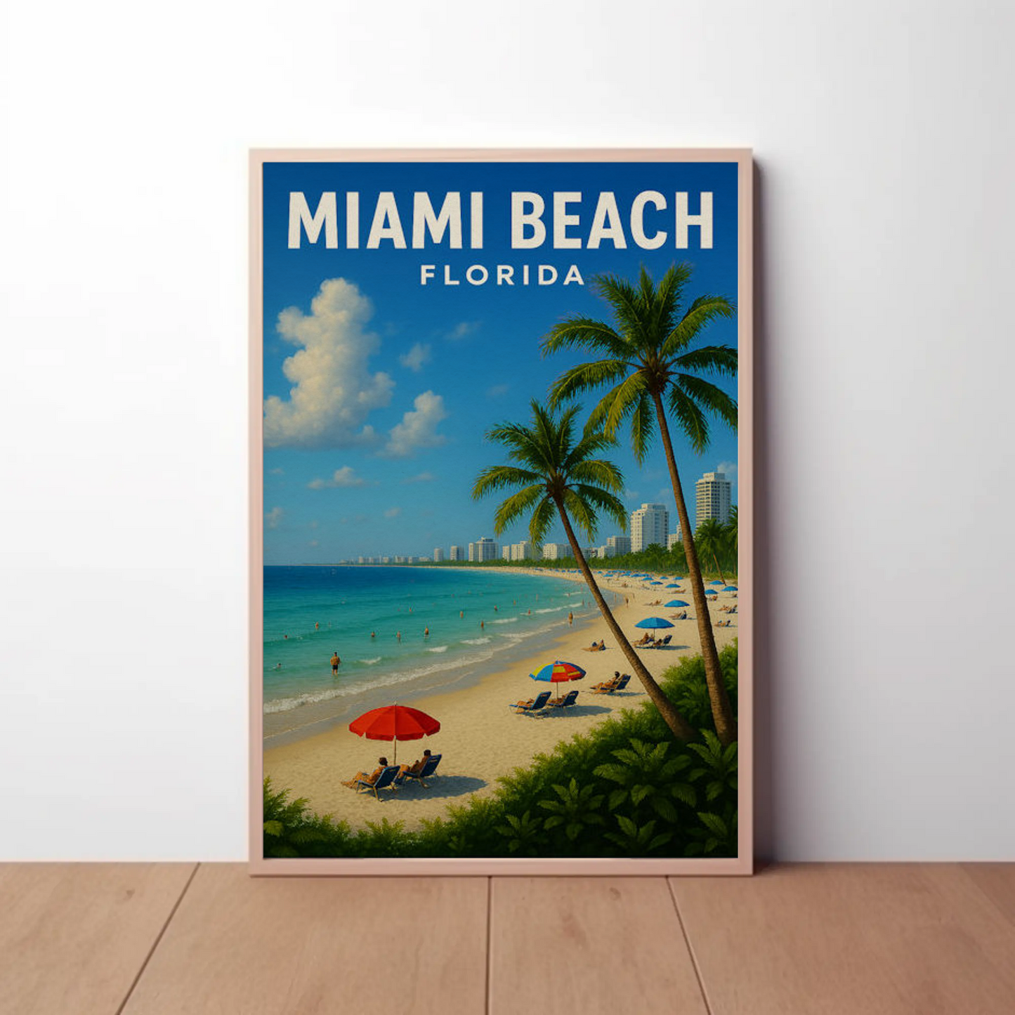 Miami Beach Florida Coastline Umbrellas Hotel Skyline Poster