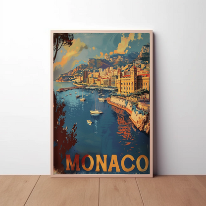 Monaco Mediterranean Coast Harbor Scene Retro Travel Poster
