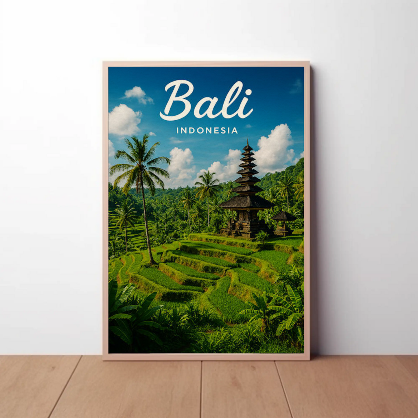 Bali Indonesia Rice Fields Temple Travel Poster