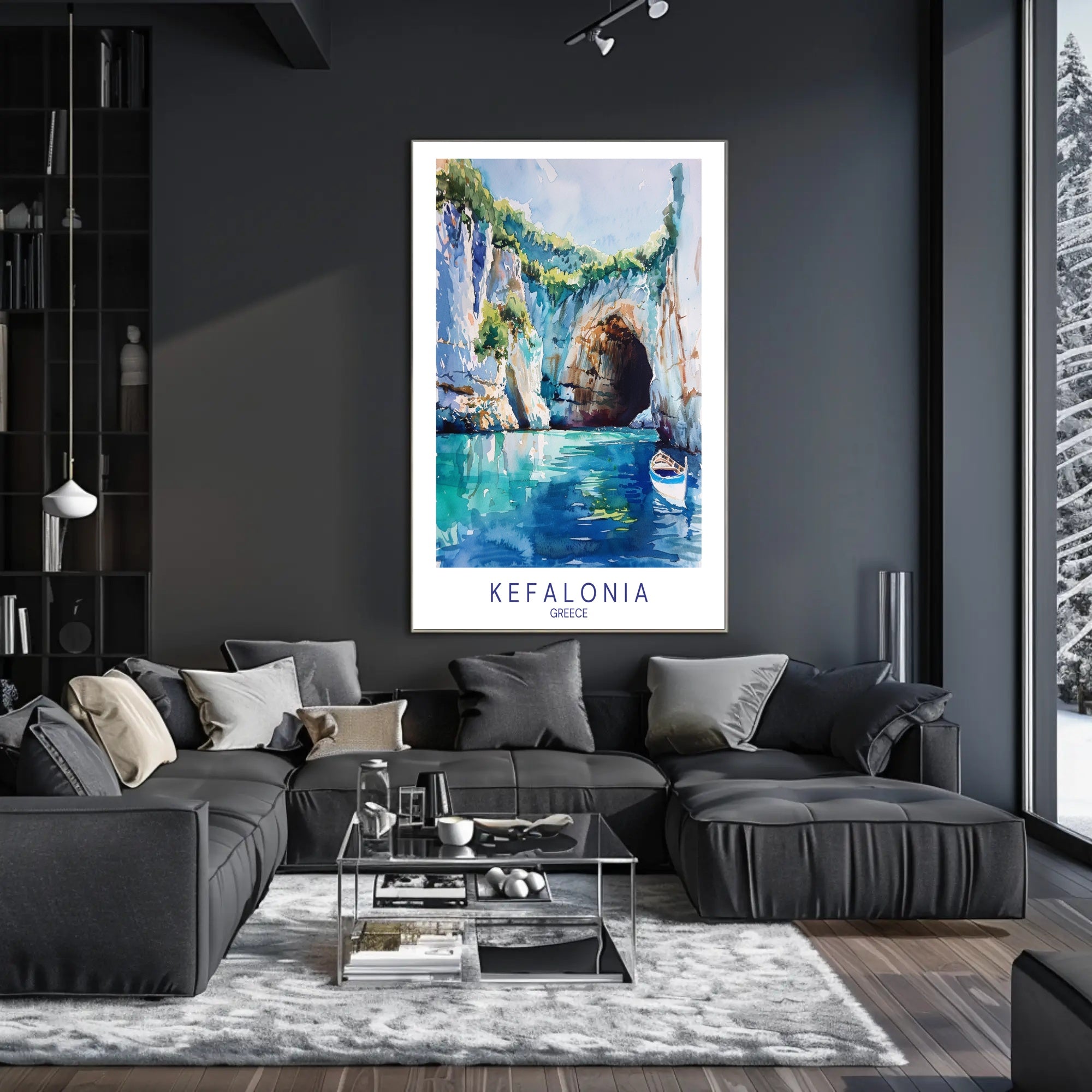 Vibrant Kefalonia Coastal Scene Watercolor - Travel Poster PosterGoat