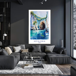 Vibrant Kefalonia Coastal Scene Watercolor - Travel Poster PosterGoat