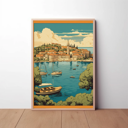 Coastal Mediterranean Village Boats Scenic Bay Travel Poster