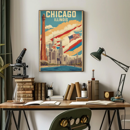 Chicago Illinois Skyline American Flag Cityscape Vintage Travel Poster