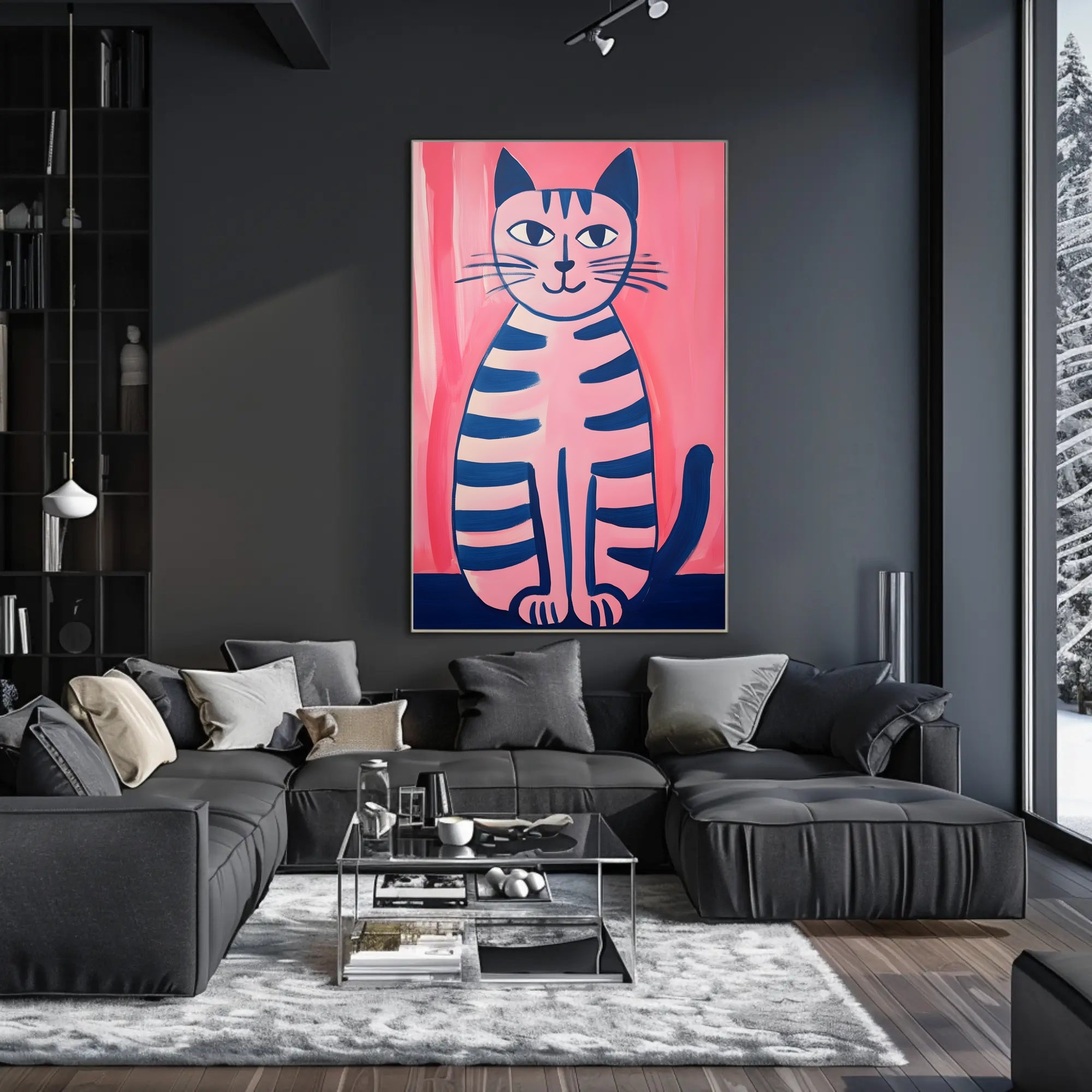 Pink Cat Poster Whimsical Art Print Wall Decor