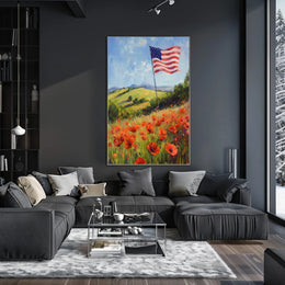 peaceful field of poppies with one large American flag Poster