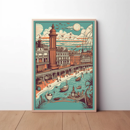 Beachfront Promenade Pier Boats Skyline Bathers Travel Poster