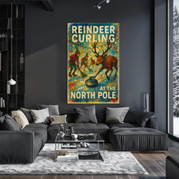 Reindeer Curling at the North Pole Poster