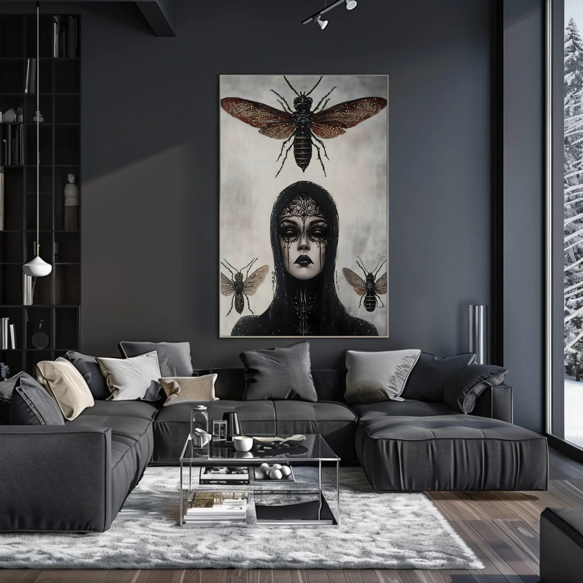 Eerie Gothic Woman with Insects: Artistic Poster PosterGoat