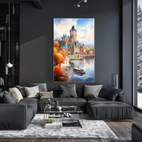 Castle Reflections on Tranquil Riverbank Travel Poster
