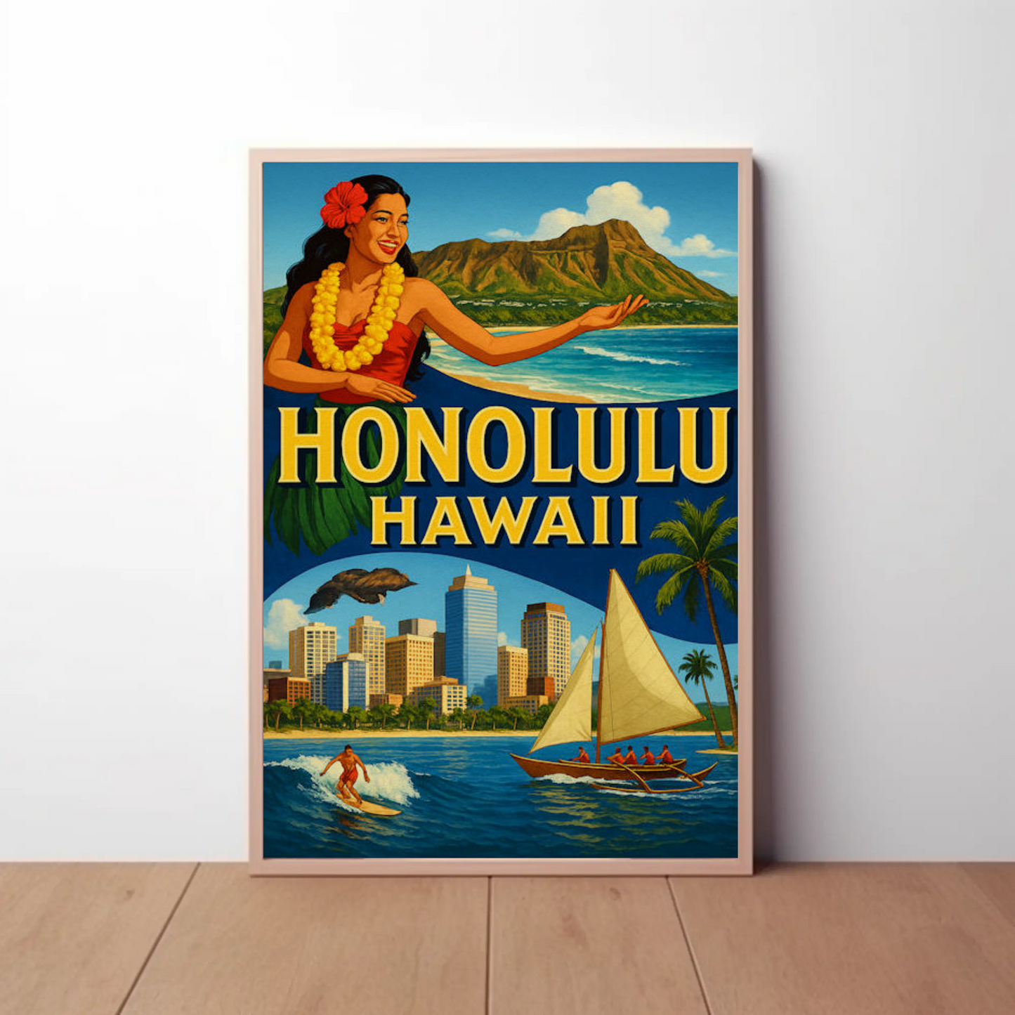 Honolulu Hawaii Surfer Skyline Hula Travel Poster
