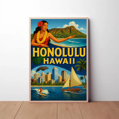 Honolulu Hawaii Surfer Skyline Hula Travel Poster