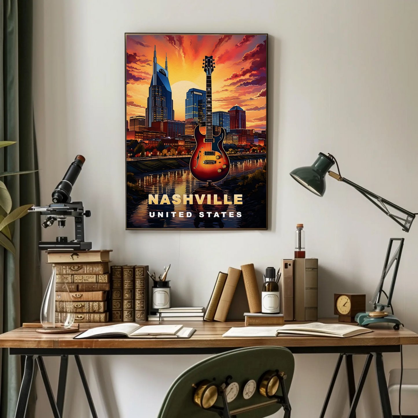 Nashville Tennessee Guitar Sunset Skyline Vintage Travel Poster