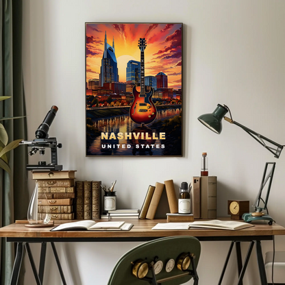 Nashville Tennessee Guitar Sunset Skyline Vintage Travel Poster