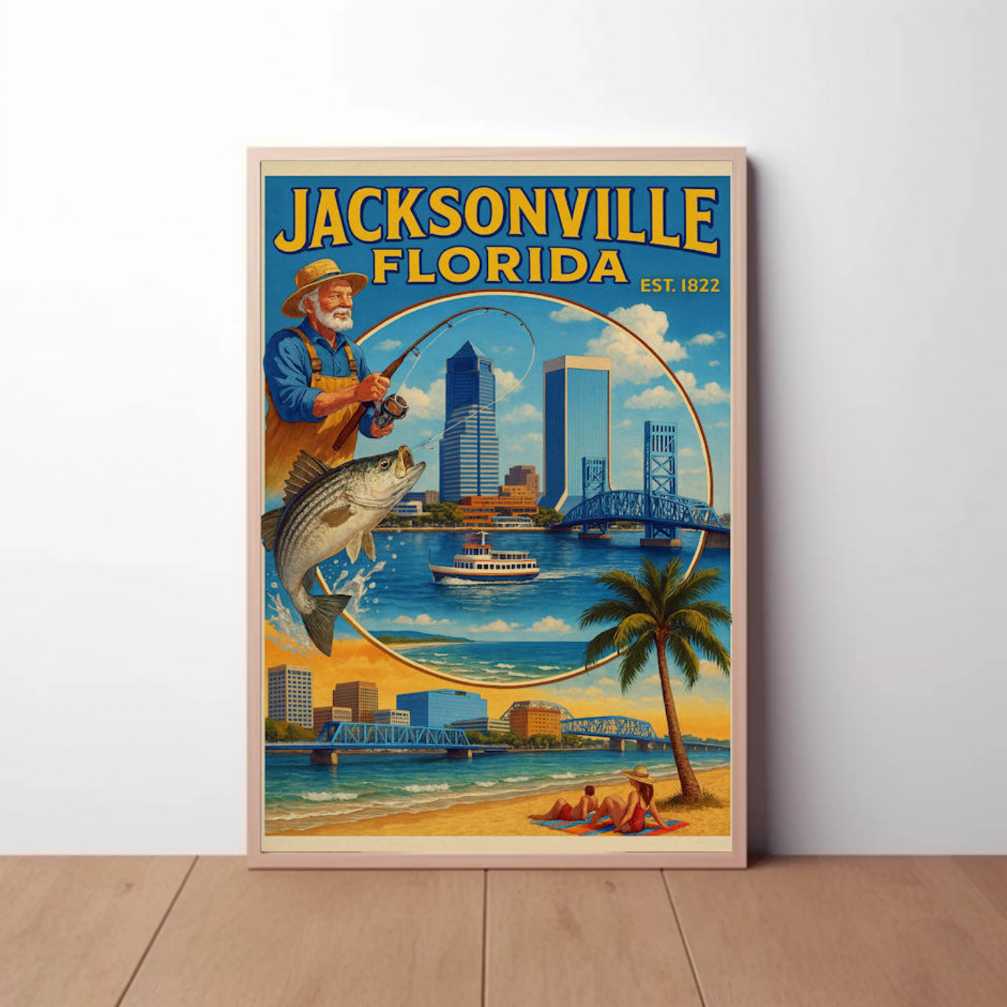 Jacksonville Florida Fishing Bridge Skyline Travel Poster