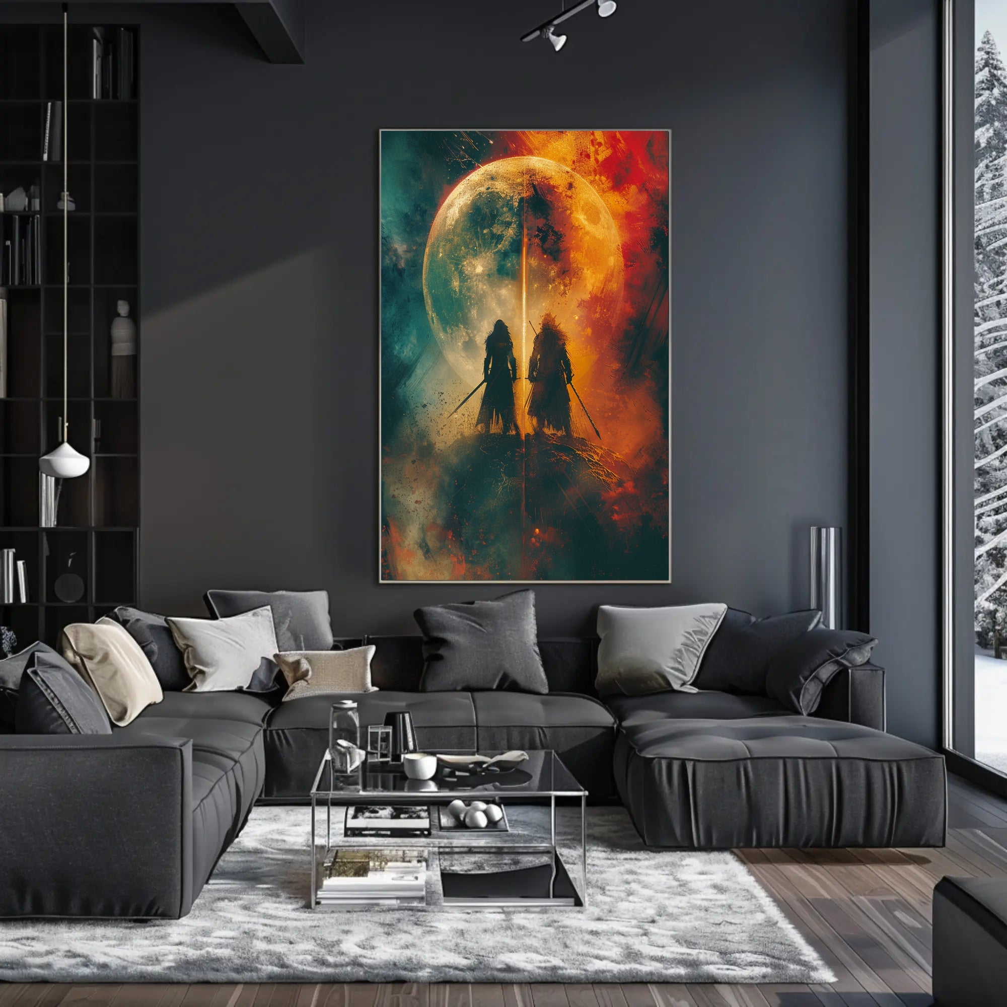 Celestial Warriors Under Twin Moons Fantasy or Mythology Poster PosterGoat
