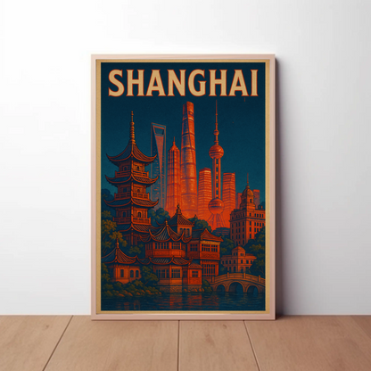 Shanghai Skyline and Pagodas Night Poster