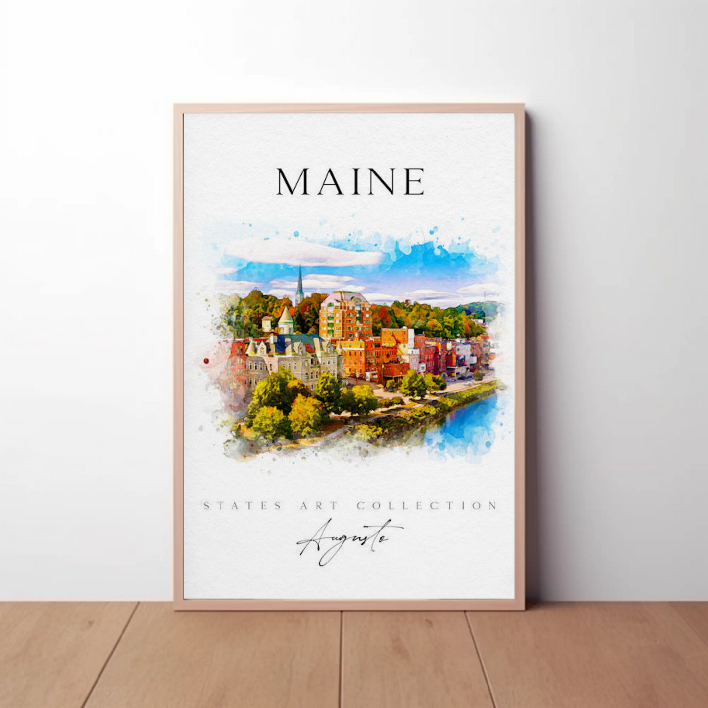 Maine Augusta Skyline Watercolor States Collection Poster