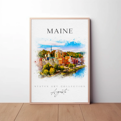 Maine Augusta Skyline Watercolor States Collection Poster