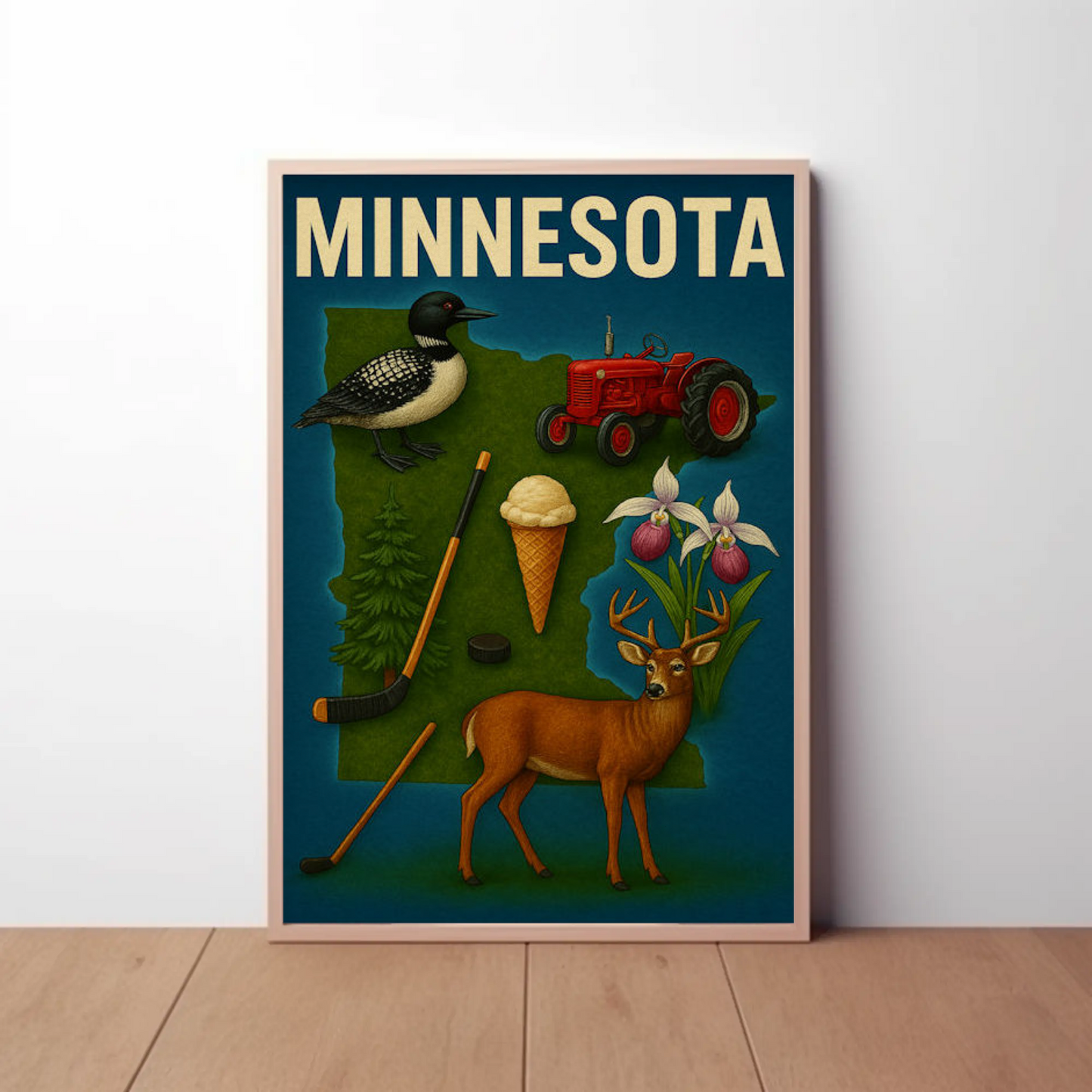 Minnesota Wildlife Symbols Icon Map Vintage Travel Poster