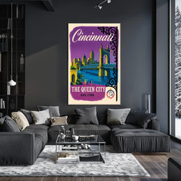 Cincinnati The Queen City Vintage Illustration Bridge Poster