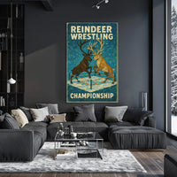 The poster titled "Reindeer Wrestling Championship" depicts an imaginative and playful scene featuring Travel Poster