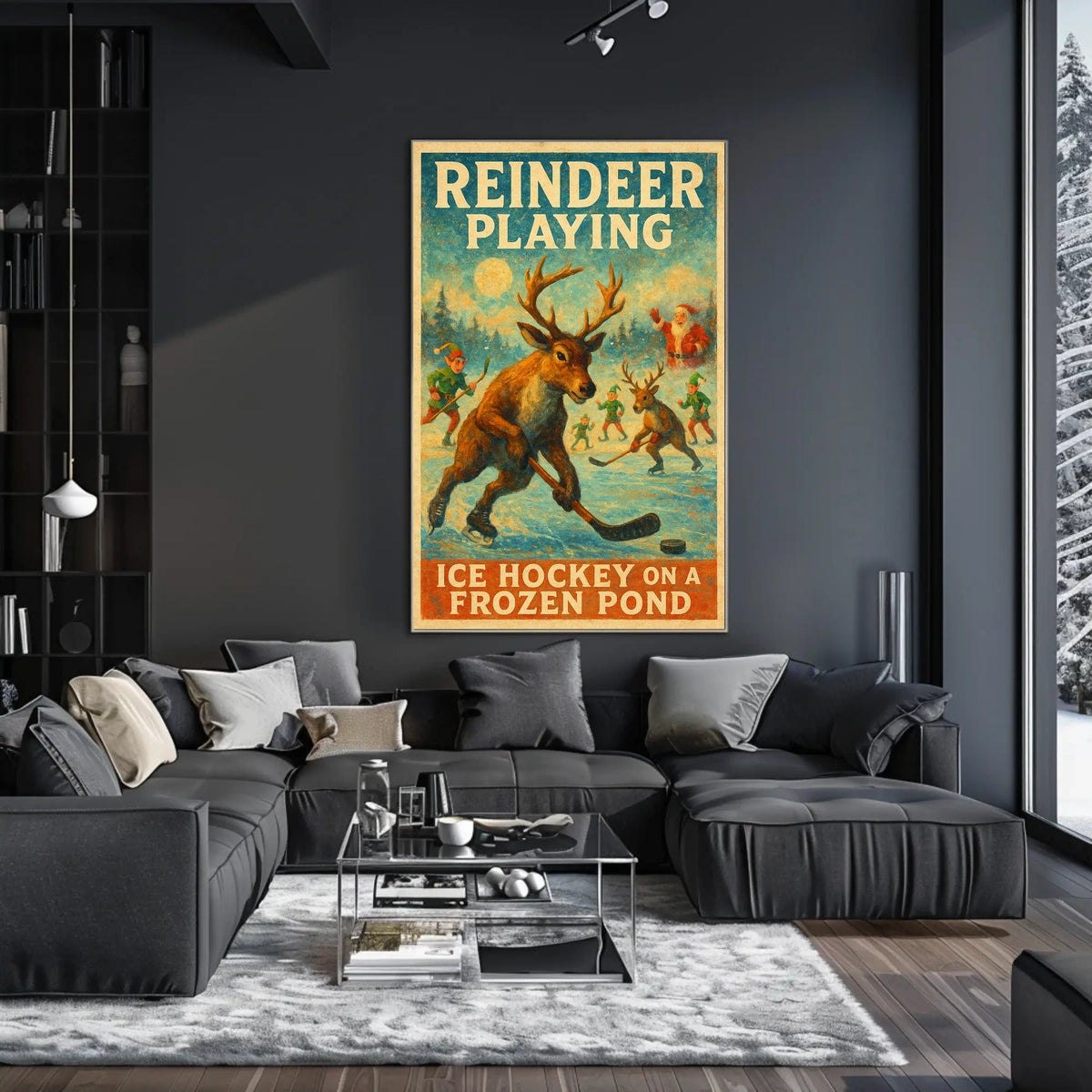 Festive Reindeer Ice Hockey Vintage Fantasy or Mythology Poster