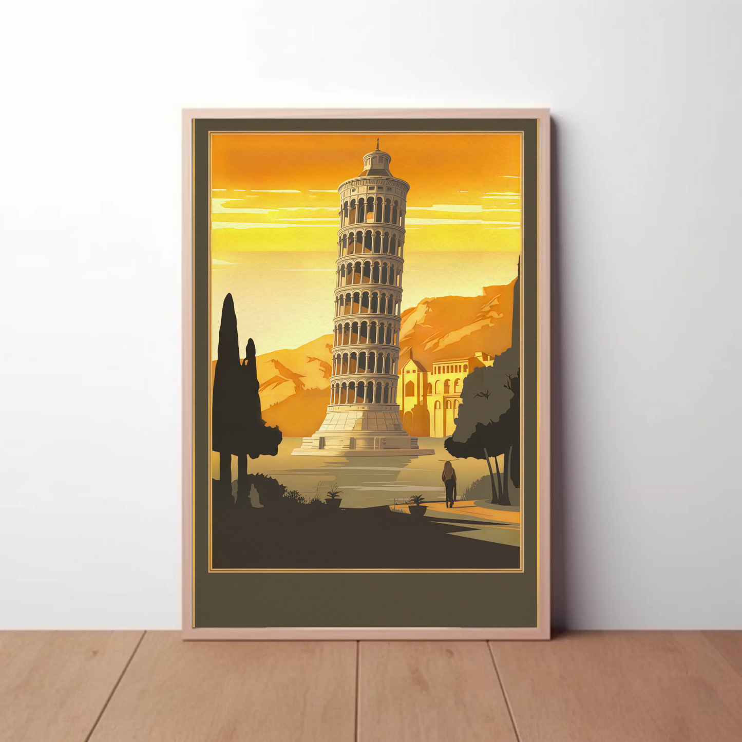 Leaning Tower Of Pisa Golden Sunset Travel Poster