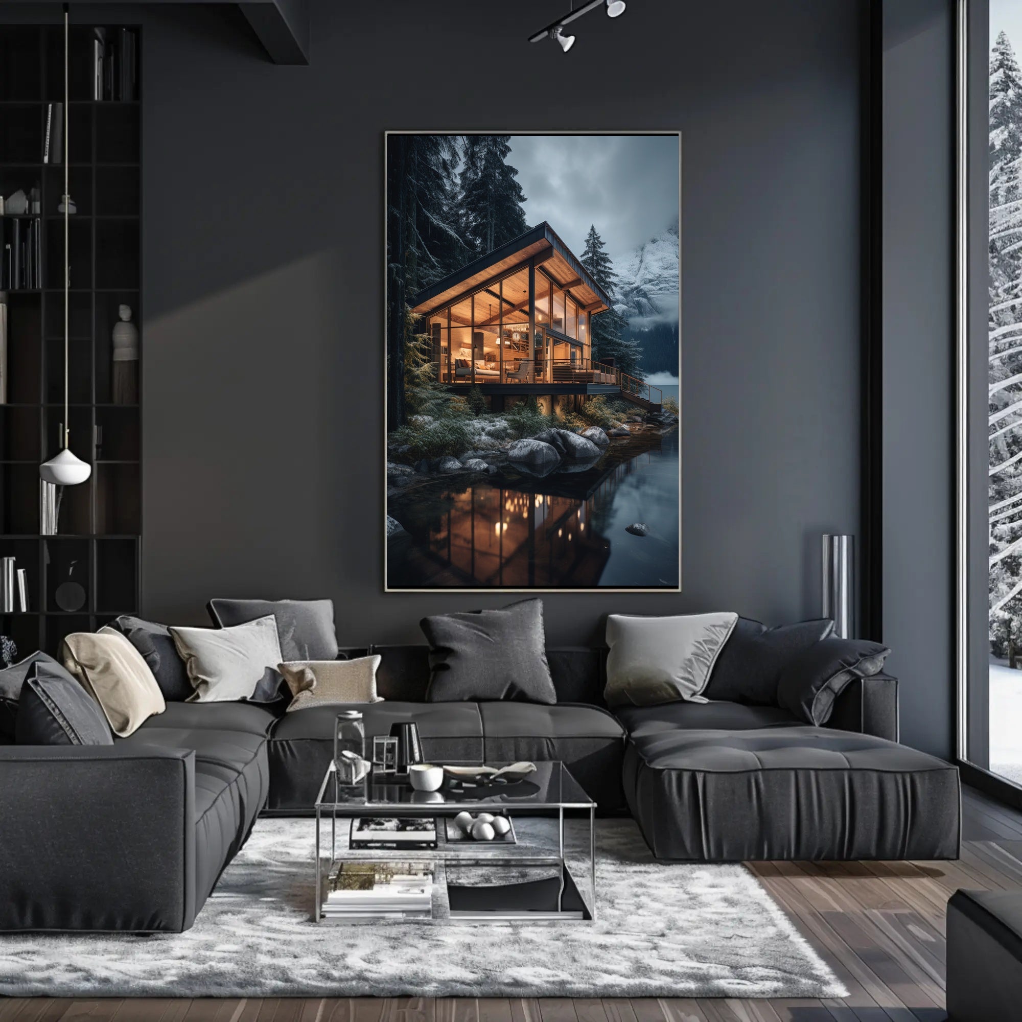 Modern Mountain Retreat in Snowy Forest Poster