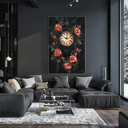 Gothic Victorian Clock with Red Roses Artwork Poster