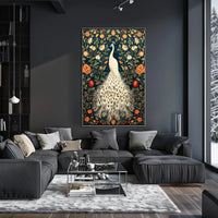 Exquisite White Peacock Among Floral Splendor - Artistic Poster