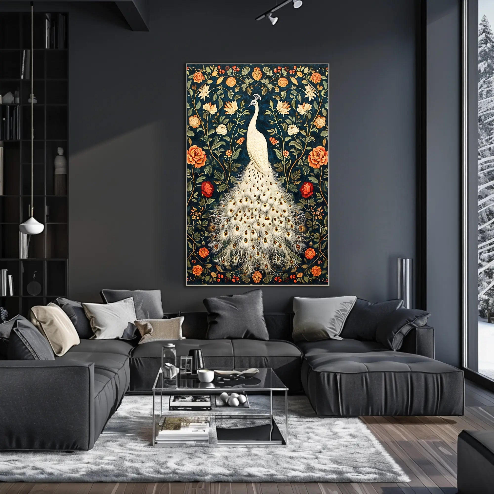 Exquisite White Peacock Among Floral Splendor - Artistic Poster