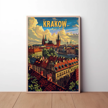 Evening Skyline Krakow Poland Travel Poster