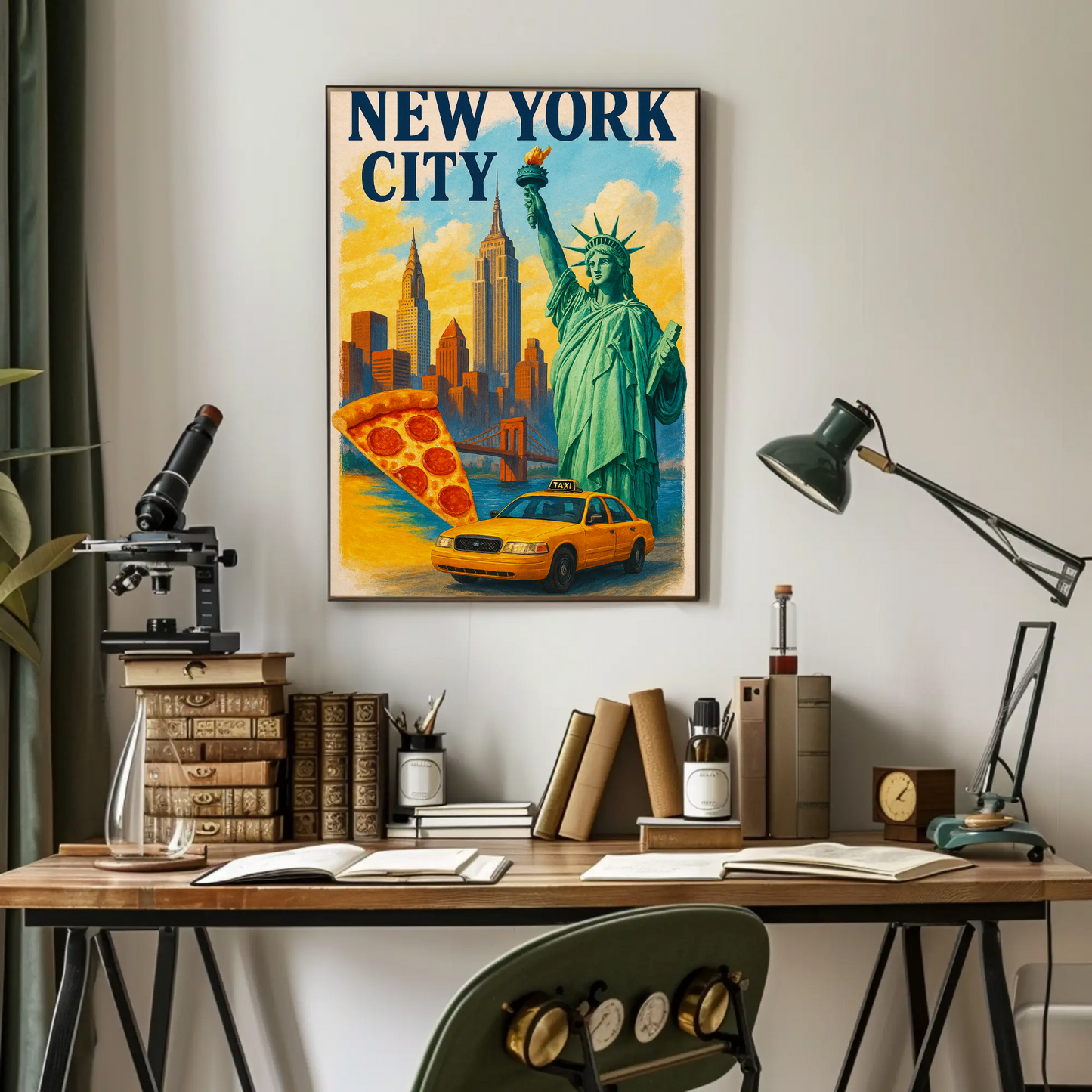 New York City Pizza Taxi Skyline Vintage Travel Poster