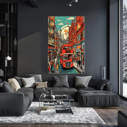 Vibrant Cityscape with Red Bus Poster