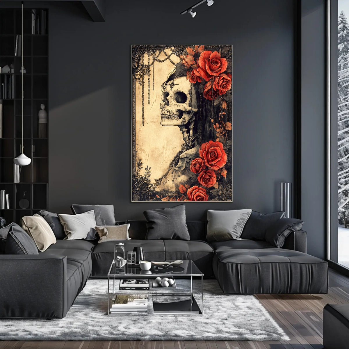 Gothic Skull and Roses: Abstract, Artistic, or Pop Culture Poster
