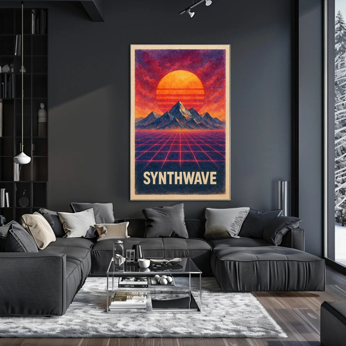 Neo-Retro Synthwave Sunset Landscape - Futuristic Sci-Fi Poster