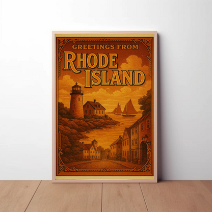 Greetings From Rhode Island Coastal Vintage Lighthouse Travel Poster Travel Poster