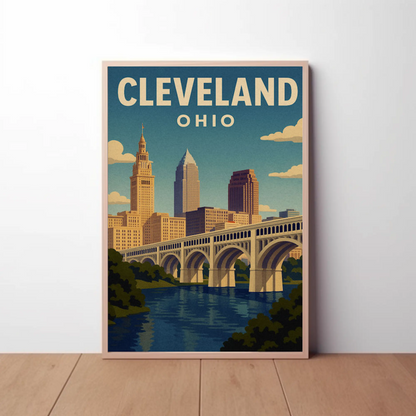 Cleveland Ohio Downtown Skyline Cuyahoga River Travel Poster