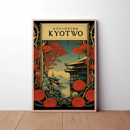 Kyoto Lanterns and Temple Nightscape Travel Poster