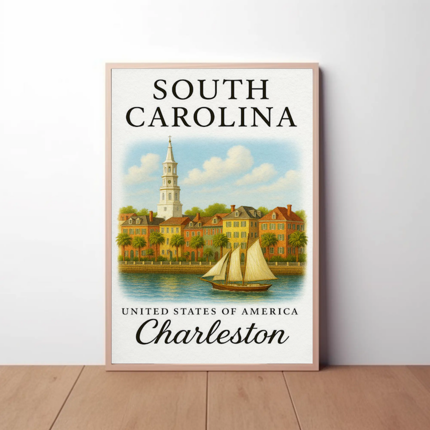 Charleston Waterfront With Sailboat Illustration Travel Poster