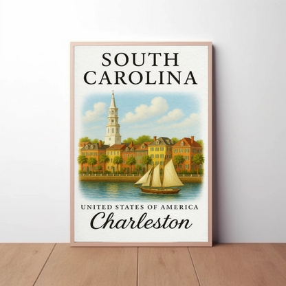 Charleston Waterfront With Sailboat Illustration Travel Poster