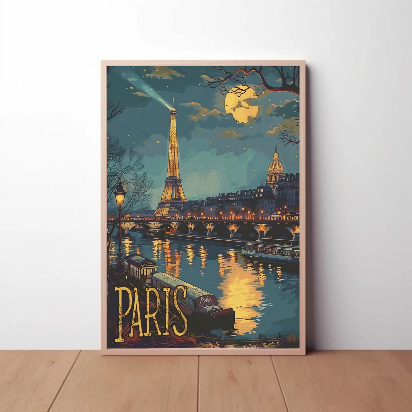 Paris Eiffel Tower Night Lights River Travel Poster