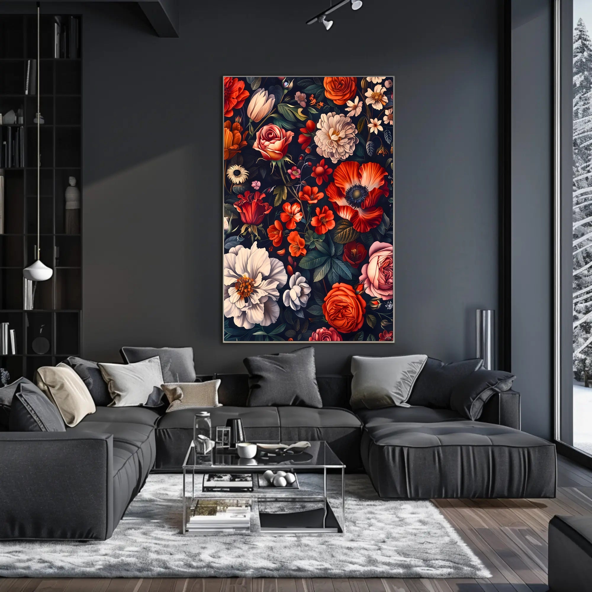 Floral Symphony Against Darkness: Artistic Poster
