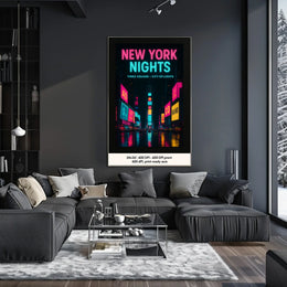 Vibrant Neon Nightscape in Times Square Urban Cityscape Poster