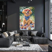 Golden Retriever Puppy On White Picnic Blanket Poster
